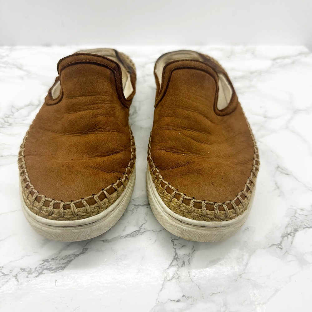 UGG Caleel Sz 5 Chestnut Brown‎ Leather Whipstitch Espadrille Slip On Mules